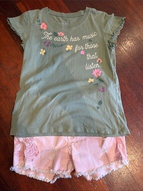 Peek Green Tee with floral designs, and cute pink denim shorts with floral print